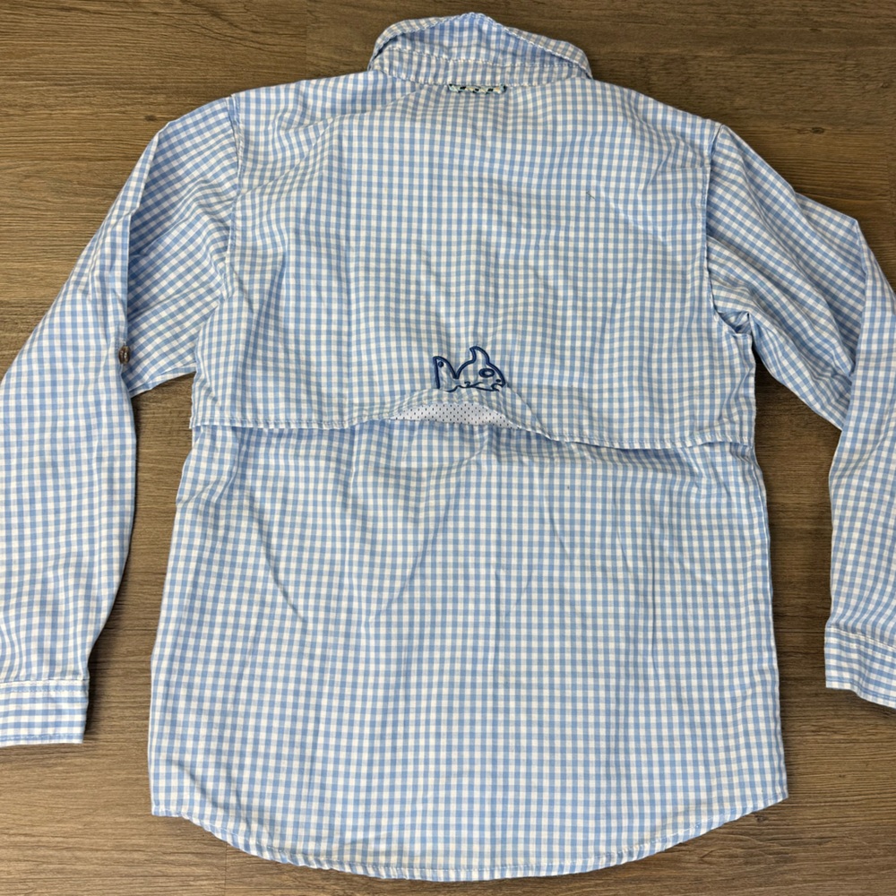 ProDoh Boys Light Blue White Gingham Button Down Fishing Shirt, size Med (10-12) - Picture 5 of 6